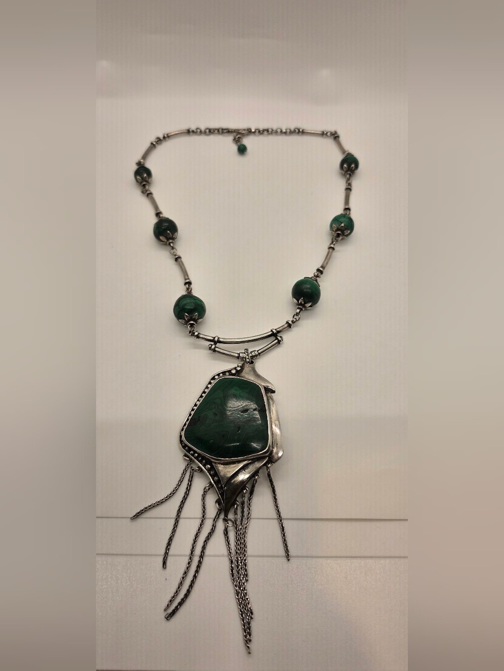 Silver-Tone Green Stone Fringe Pendant Necklace